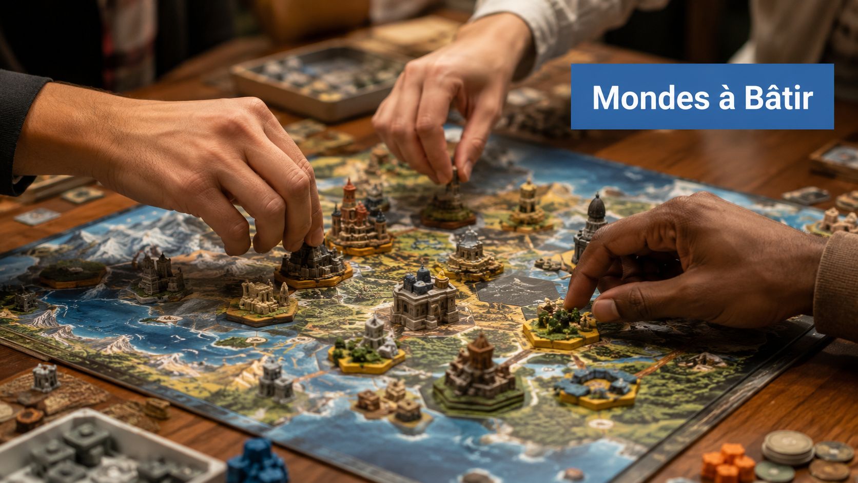 Des joueurs manipulent des figurines de châteaux miniatures sur un plateau de jeu de stratégie complexe.
