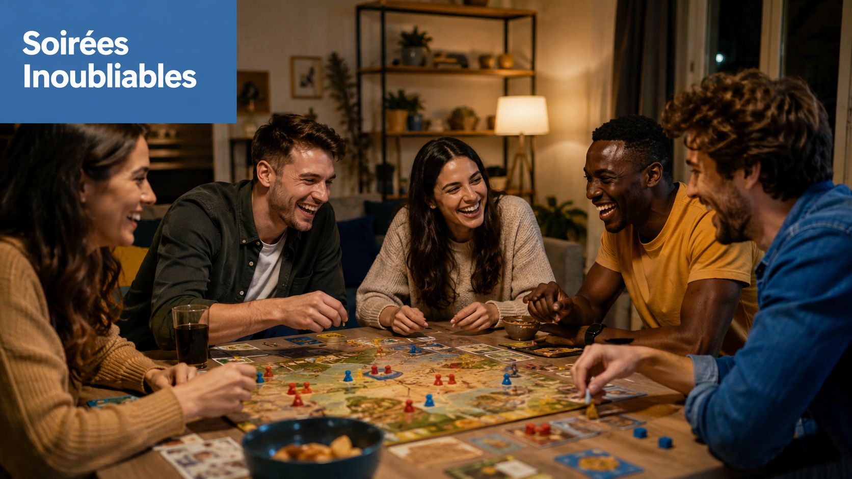 Quatre amis souriants partagent une soirée conviviale en jouant à un jeu de plateau autour d'une table.