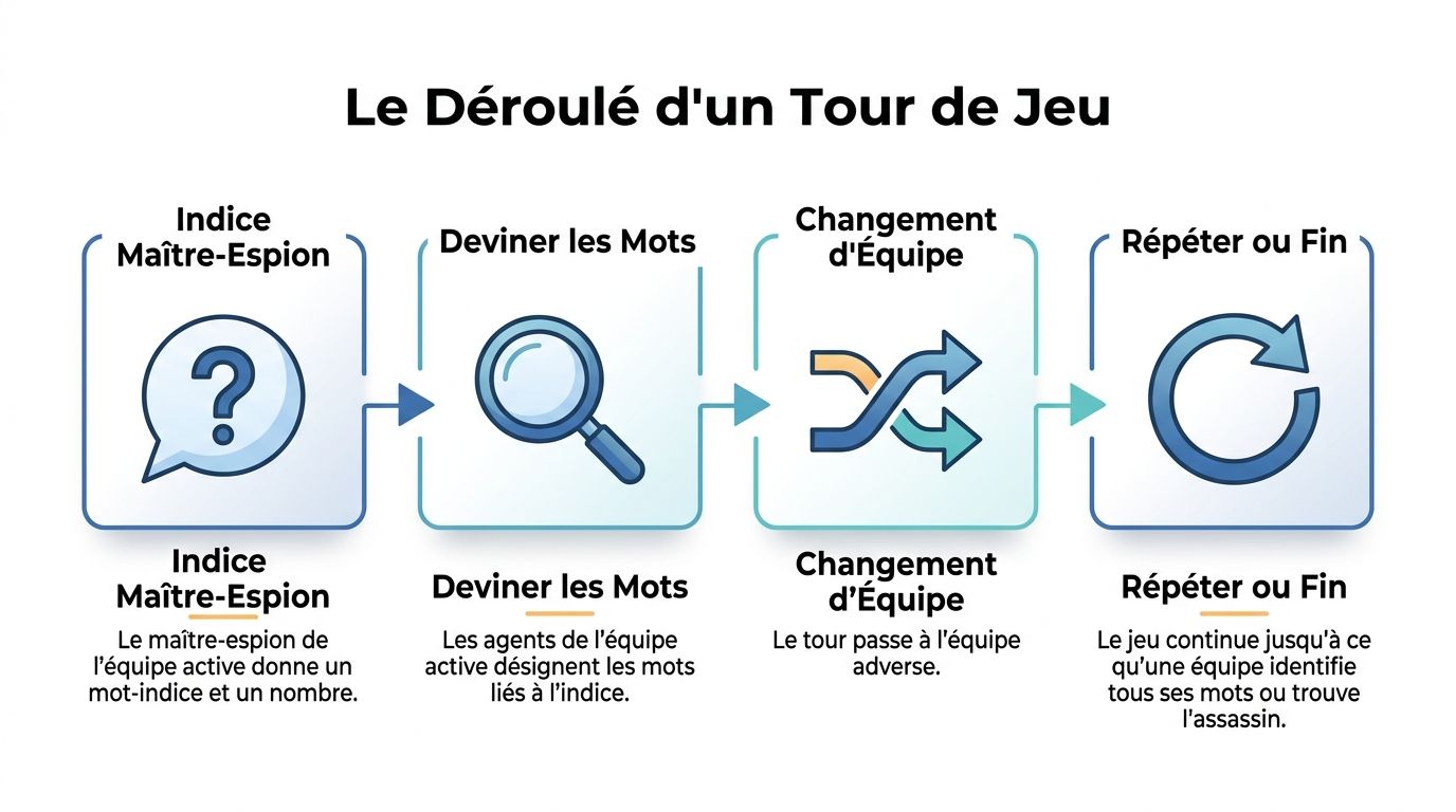 Illustration du déroulement d'un tour de jeu pour le jeu de société Codenames, expliquant les étapes principales.