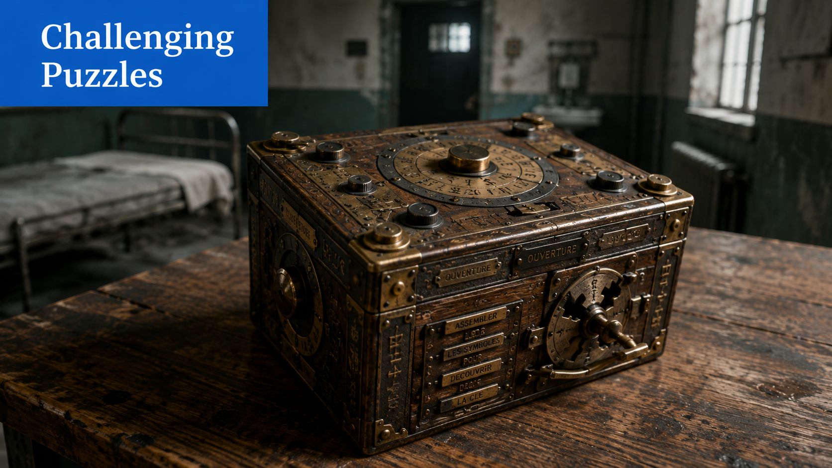 Une boîte à énigmes complexe et ancienne posée sur une table en bois dans une chambre d'asile abandonnée.