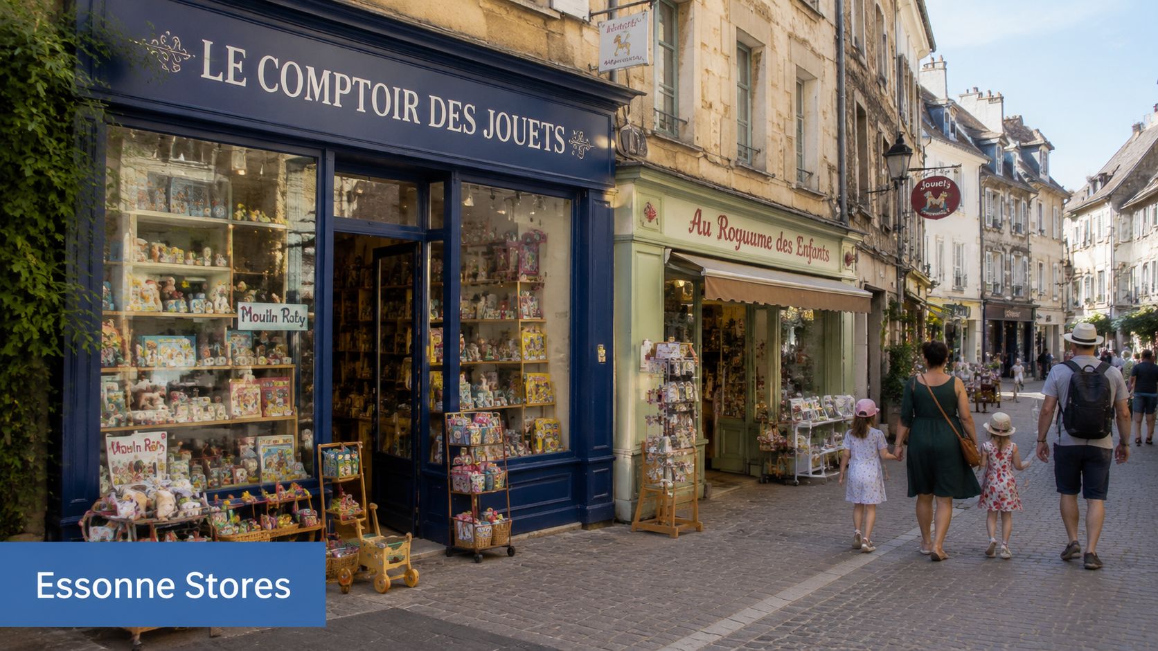 Une rue pittoresque avec des magasins de jouets traditionnels et une famille marchant sur des pavés.