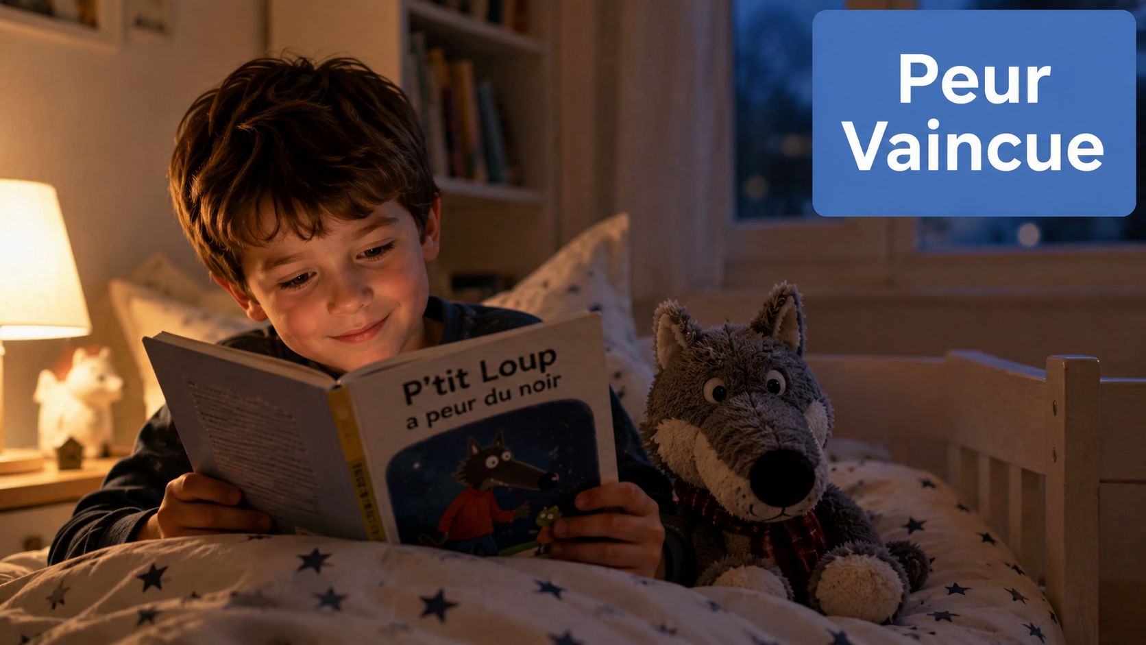 Un jeune garçon sourit en lisant paisiblement un livre illustré dans son lit avec une peluche loup.