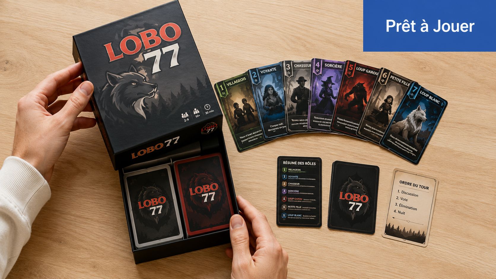 Une personne présente la boîte et les cartes du jeu de société d'ambiance Lobo 77 sur table.