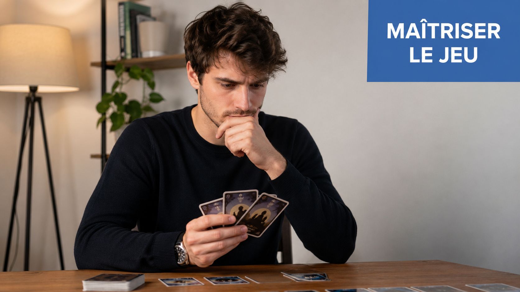 Un jeune homme concentré tenant des cartes de jeu entre ses mains assis à une table en bois.