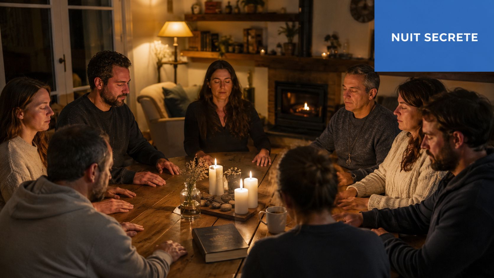Un groupe de personnes assises autour d'une table en bois pour une partie de jeu mystérieuse