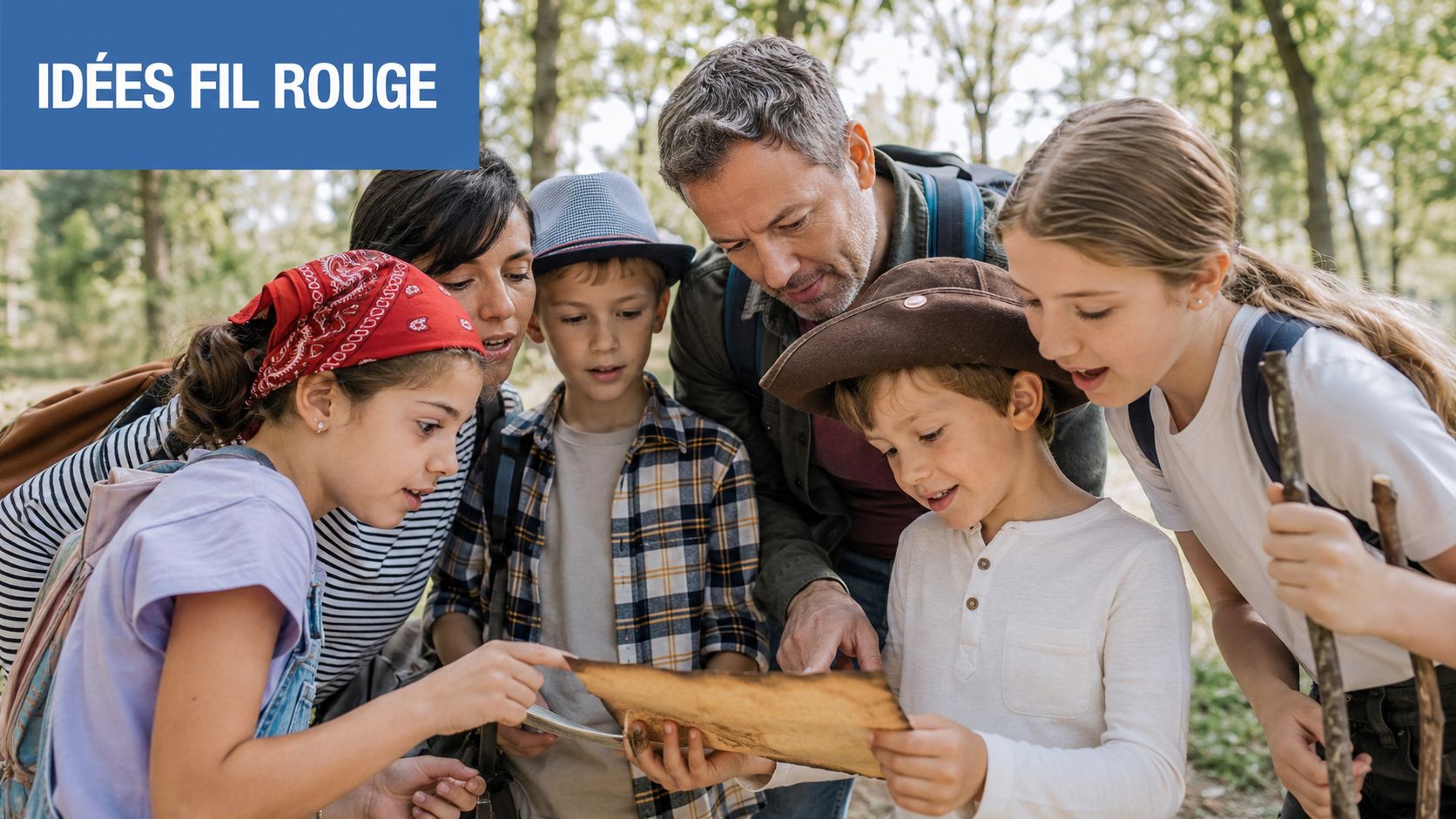 Une famille en randonnée examine attentivement une carte ancienne dans une forêt lors d'un jeu de piste.