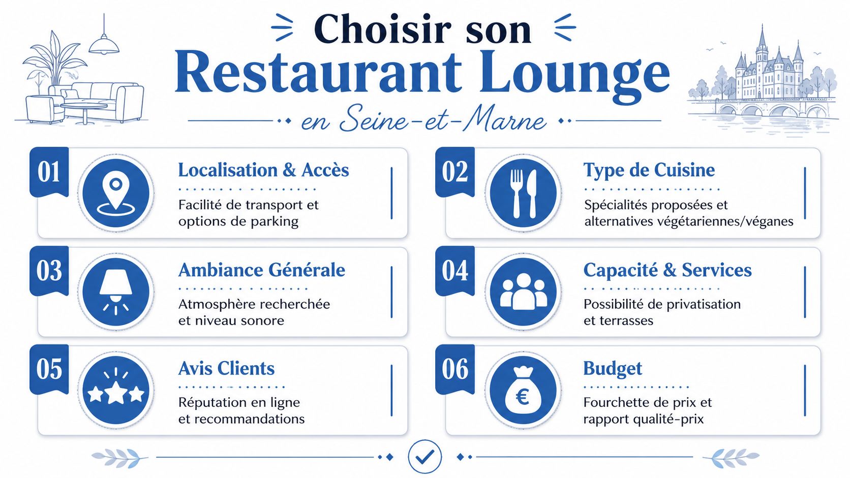 Infographie détaillant les six critères essentiels pour bien choisir son restaurant lounge en Seine-et-Marne.
