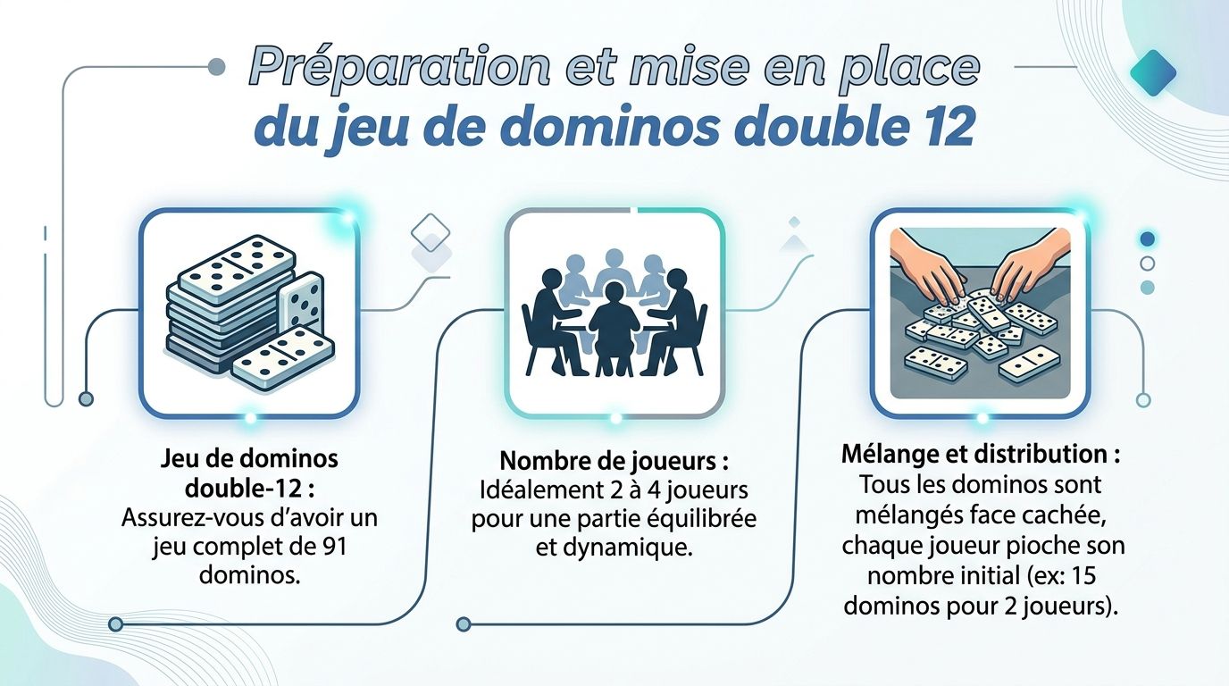 Infographie montrant la préparation et les règles de mise en place pour un jeu de dominos double 12.