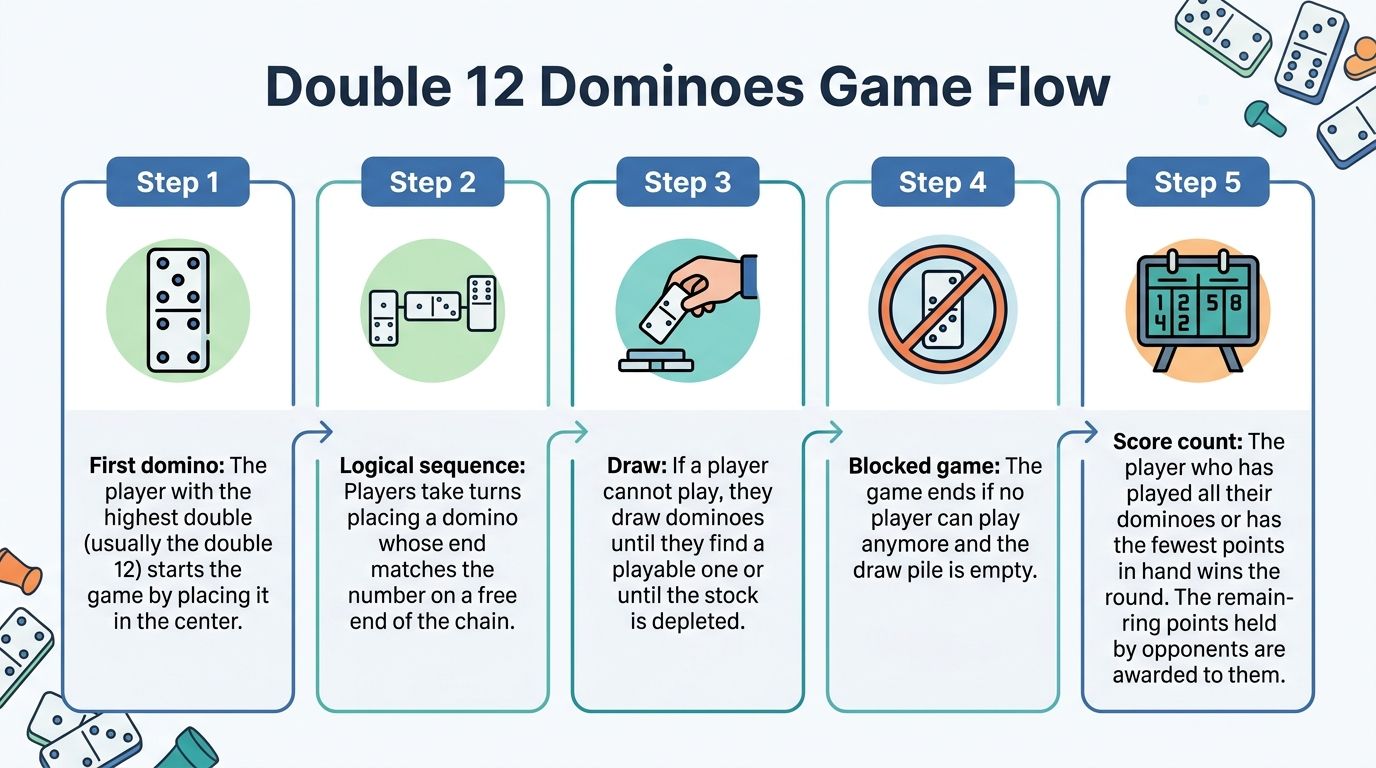 Un diagramme illustrant les étapes du flux de jeu pour les dominos double 12 avec des explications claires.