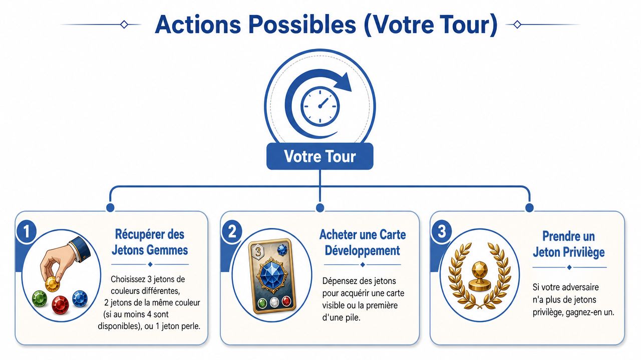 Infographie présentant les trois actions possibles durant un tour dans le jeu de société Splendor Duel.