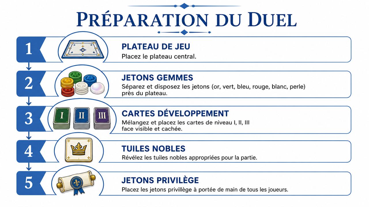 Guide illustré en cinq étapes pour la mise en place du jeu de société Splendor Duel.