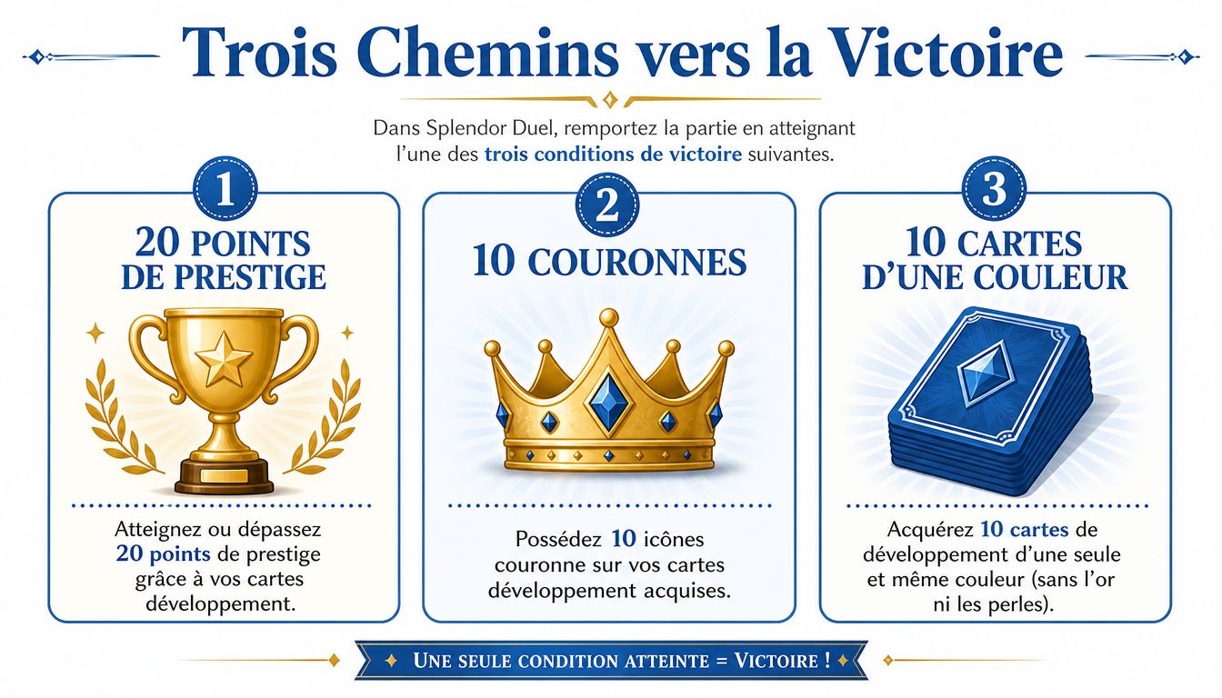 Infographie illustrant les trois conditions de victoire pour gagner une partie du jeu de société Splendor Duel.